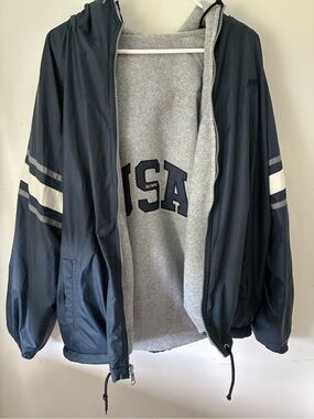 Navy Hooded Windbreaker with Grey Fleece Lining